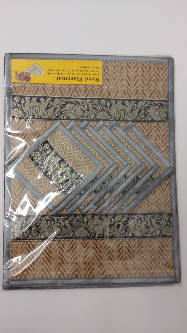 Hand-Woven Wicker Reed Placemats and Coaster Set - Eco-Friendly Alternative to Plastic - Heat Resistant - Thai Style - Durable and Easy to Clean - Perfect for Dining Table Décor - Set of 6 (Grey)