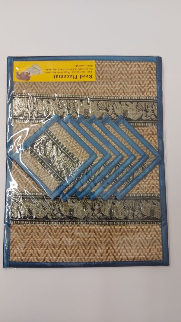 Hand-Woven Wicker Reed Placemats and Coaster Set - Eco-Friendly Alternative to Plastic - Heat Resistant - Thai Style - Durable and Easy to Clean - Perfect for Dining Table Décor - Set of 6 (blue)
